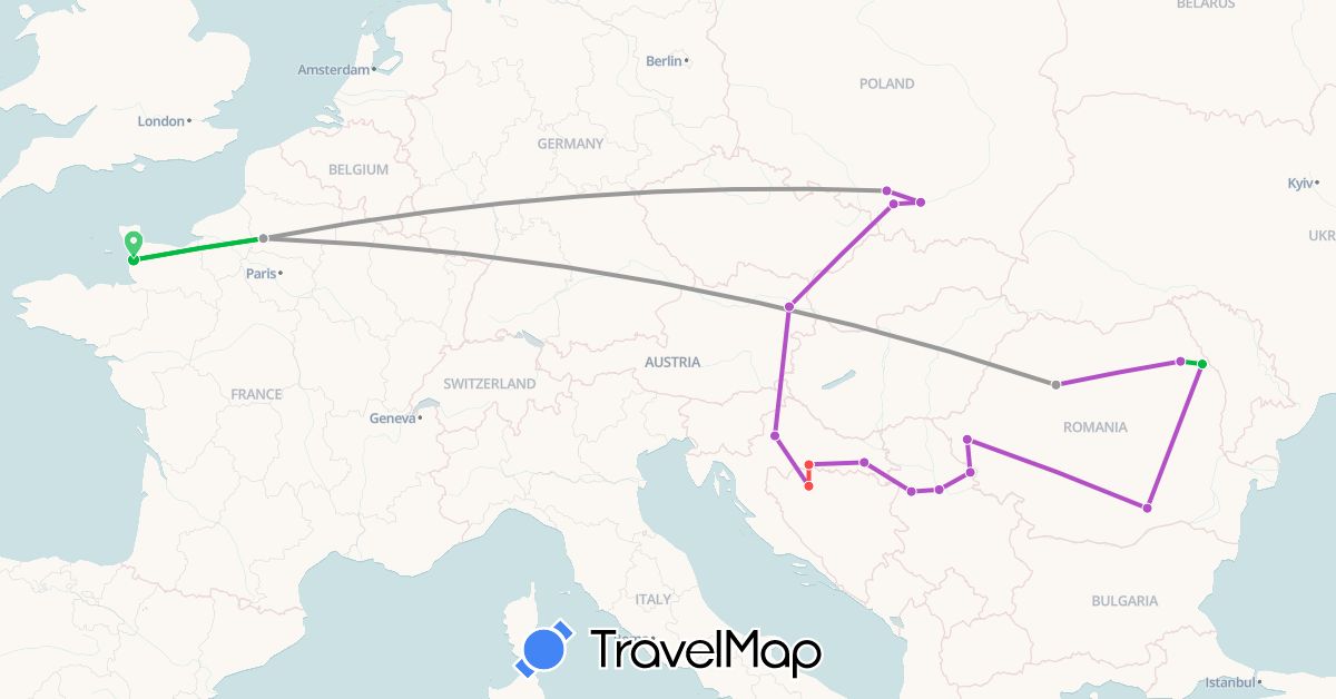 TravelMap itinerary: driving, bus, plane, train, hiking in Austria, Bosnia and Herzegovina, France, Croatia, Poland, Romania, Serbia (Europe)